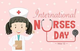 glückliche internationale Krankenschwestern-Tagesschrift mit Krankenschwester-Zeichentrickfigur vektor