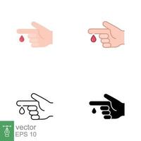 blod på finger ikoner i annorlunda stil. vektor människor hand skadade isolerat symbol. glukos, insulin testa, diabetes begrepp. designad i fylld översikt, linje, platt, glyf och fast stil. eps 10.