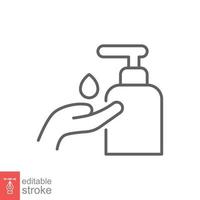 hand desinfektionsmedel ikon, linje stil. tvättning hand med desinfektionsmedel flytande tvål. vektor illustration. design på vit bakgrund. redigerbar stroke eps 10.