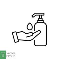 hand desinfektionsmedel ikon, linje stil. tvättning hand med desinfektionsmedel flytande tvål. vektor illustration. design på vit bakgrund. eps 10.