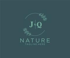 första jq brev botanisk feminin logotyp mall blommig, redigerbar förhandsgjord monoline logotyp lämplig, lyx feminin bröllop varumärke, företags. vektor