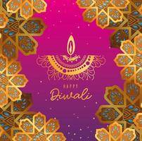 glad diwali ljus och guld arabesk blommor på rosa och lila tonad bakgrundsvektordesign vektor