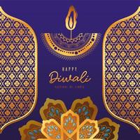 glada diwali ljus arabesque blommor och ramar på blå bakgrund vektor design