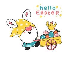 söt påsk gnome kaninöron tecknad och gul brud baby i rosa lastbil med påskägg. glad påsk, söt doodle tecknad vektor vår påsk ClipArt