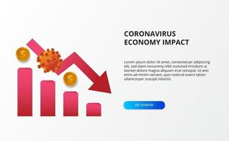 Verbreitung der Auswirkungen der Coronavirus-Wirtschaft. wirtschaftlicher Niedergang. traf den Aktienmarkt und die Weltwirtschaft. Grafik mit 3D-Virus und rotem bärischen Pfeilkonzept vektor