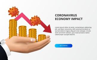 Verbreitung der Auswirkungen der Coronavirus-Wirtschaft. wirtschaftlicher Niedergang. traf den Aktienmarkt und die Weltwirtschaft. Hand, die Geld und rotes bärisches Pfeilkonzept hält vektor