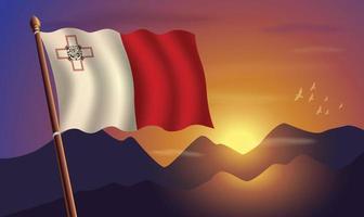 Malta Flagge mit Berge und Sonnenuntergang im das Hintergrund vektor