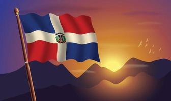 dominikanisch Republik Flagge mit Berge und Sonnenuntergang im das Hintergrund vektor