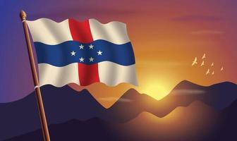 Niederlande Antillen Flagge mit Berge und Sonnenuntergang im das Hintergrund vektor