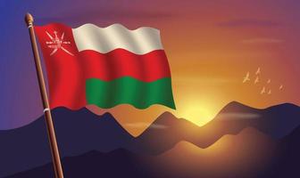 Oman Flagge mit Berge und Sonnenuntergang im das Hintergrund vektor