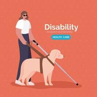 Behinderungsbewusstseinsplakat mit blinder Frau mit Rohr- und Hundevektorentwurf vektor