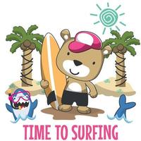 Vektor Illustration von süß wenig Bär mit ein Surfbrett, komisch Hintergrund Karikatur Stil zum Kinder zum Kindergarten Design, Sommer- Sport T-Shirt drucken.