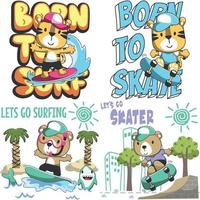 einstellen von Karikatur Kind Tier Aktivität. Tiger und Bär Surfer und Skateboardfahrer. Karikatur isoliert Objekte auf Weiß Hintergrund. Konzept zum Kinder drucken. vektor