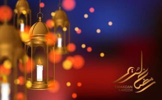 islamische Grußkartenvorlage. Hängende Luxus-Fanoos-Arabischlaterne 3d mit Ramadan-Kareem-Kalligraphie und Bokeh-Hintergrund und schönem Licht vektor