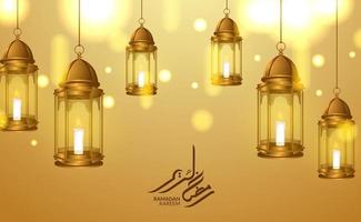 islamische Grußkartenvorlage. Goldene hängende Luxusfanoos-arabische Laternenillustration 3d mit Licht und Ramadan-Kareem-Kalligraphie vektor