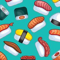 süß Sushi Sashimi Hintergrund. Vektor Muster zum Papier, Verpackung, Stoffe. Karikatur eben Design Illustration Kunst Pastell- Farben auf bunt Hintergrund Vorlage.