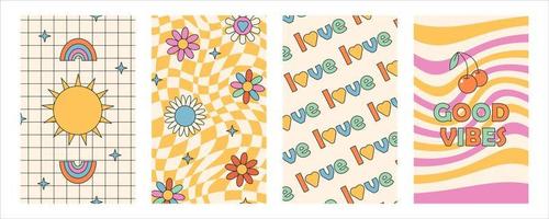 häftig hippie 70s affischer. rolig tecknad serie blomma, regnbåge, kärlek, daisy etc. vektor kort i trendig retro psychedelic tecknad serie stil. vektor stock bakgrunder. blomma kraft. Bra vibrafon.