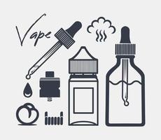 flytande för förångare i en flaska, flytande droppar, bomull ull och Övrig Tillbehör. vape affär ikoner. isolerat på vit bakgrund. vektor. vektor