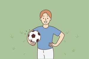 de begrepp av en fotboll spelare pojke. en ung leende pojke står innehav en fotboll boll ser in i de ram och leende på en grön bakgrund vektor illustration