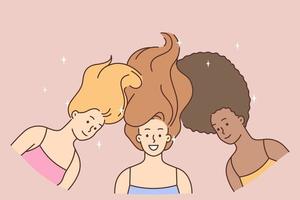 lächelnd vielfältig Frauen mit lange gesund Haar fördern Konzept von International Schönheit. glücklich multiethnisch interracial Mädchen posieren zusammen. Vektor Illustration.