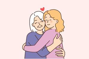 leende äldre mormor kram kärleksfull kvinna. Lycklig omtänksam vuxen dotter omfamning gammal mor. familj återförening. vektor illustration.