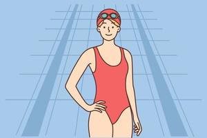 ung kvinna förbi de slå samman. en flicka simmare i en baddräkt och en simning keps. vatten sporter. rekreation och fritid. vektor illustration