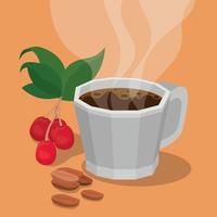 Kaffeetasse mit Beeren, Blättern und Bohnen Vektor-Design vektor