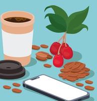 Kaffeetasse, Smartphone, Bohnen, Beeren und Blätter Vektor-Design vektor