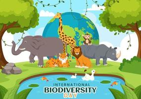 Welt Biodiversität Tag auf kann 22 Illustration mit biologisch Diversität, Erde und Tier im eben Karikatur Hand gezeichnet zum Landung Seite Vorlagen vektor