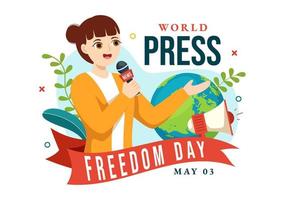 värld Tryck frihet dag på Maj 3 illustration med händer innehav Nyheter mikrofoner för webb baner eller landning sida i platt tecknad serie hand dragen mallar vektor