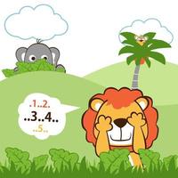 süß Tiere spielen ausblenden und suchen. Löwe mit Elefant versteckt im Busch und Affe auf Palme Baum, Vektor Karikatur Illustration