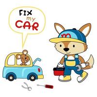 vektor tecknad serie av rolig katt i bil reparera affär mekaniker kostym med möss på bil