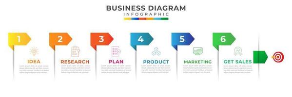 6 Schritte modern Zeitleiste Diagramm mit Pfeil, Thema, und Symbol Symbol. Präsentation Vektor Infografik Zeitleiste. Infografik Vorlage zum Geschäft.