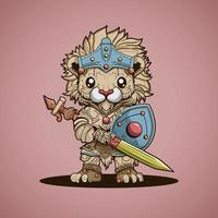 süß Löwe König von Tier Krieger mit Schwert und Rüstung Vektor Illustration Kunstwerk Charakter Design