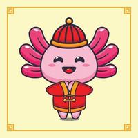 söt axolotl med röd kinesisk kostym i kinesisk ny år. vektor
