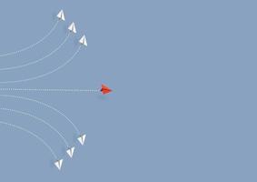 affärsidé. rött pappersflygplan som ändrar riktning på blå himmel av affärslagarbete och en annan vision. ledare, ny idé, chef, chef, vinnarkoncept, trend. vektor illustration