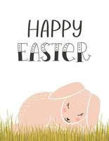 påsk hälsning kort med en söt rosa påsk kanin sovande i de gräs och en hand text fras - Lycklig påsk. Färg platt tecknad serie vektor illustration på vit bakgrund