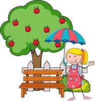Gekritzel-Zeichentrickfigur ein Mädchen, das einen Regenschirm mit Apfelbaum hält vektor