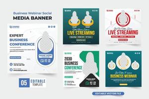 Experte Geschäft Agentur Konferenz Vorlage Sammlung zum Sozial Medien Marketing. Netz Seminar und Konferenz Werbung Poster einstellen Vektor. Büro Webinar Vorlage bündeln mit Foto Platzhalter. vektor