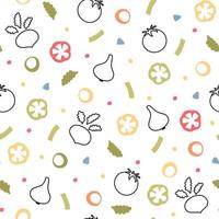 Essen Hintergrund, Gemüse nahtlos Muster. gesund Essen - - Tomate, Knoblauch, Pfeffer Linie Symbole. Vegetarier, Bauernhof Lebensmittelgeschäft Geschäft Vektor Illustration