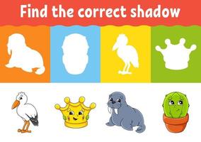 Finden Sie den richtigen Schatten. Arbeitsblatt Bildung. passendes Spiel für Kinder. Aktivitätsseite in Farbe. Puzzle für Kinder. Zeichentrickfigur. Vektor-Illustration. vektor
