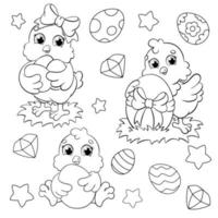 Färbung Buch Seite zum Kinder. einstellen von süß Ostern Hühner. Bauernhof Vögel. Karikatur Stil Charakter. Vektor Illustration isoliert auf Weiß Hintergrund.