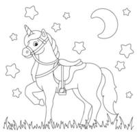 magi enhörning med sadel och sele. färg bok sida för ungar. tecknad serie stil karaktär. vektor illustration isolerat på vit bakgrund.