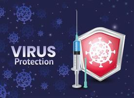 covid 19 Virusschutzbanner mit Schild und Impfstoff vektor