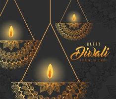 glada diwali hängande mandalastearinljus på grå bakgrundsvektordesign vektor