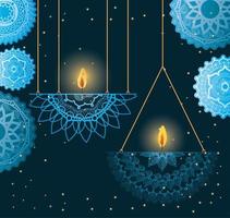 glada diwali hängande ljus med blå mandalas vektordesign vektor