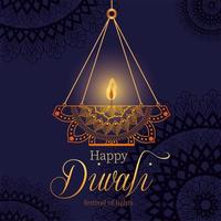 glückliche Diwali hängende Mandala-Kerze auf dunkelblauem Hintergrundvektorentwurf vektor