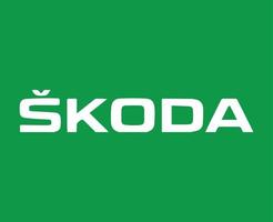 Skoda Marke Logo Auto Symbol Name Weiß Design Tschechisch Automobil Vektor Illustration mit Grün Hintergrund