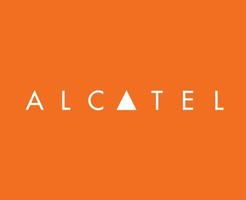 alcatel varumärke logotyp telefon symbol namn vit design mobil vektor illustration med orange bakgrund