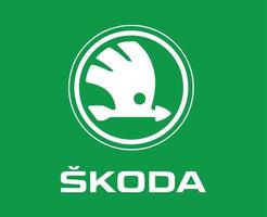 skoda varumärke logotyp bil symbol med namn vit design tjeck bil vektor illustration med grön bakgrund